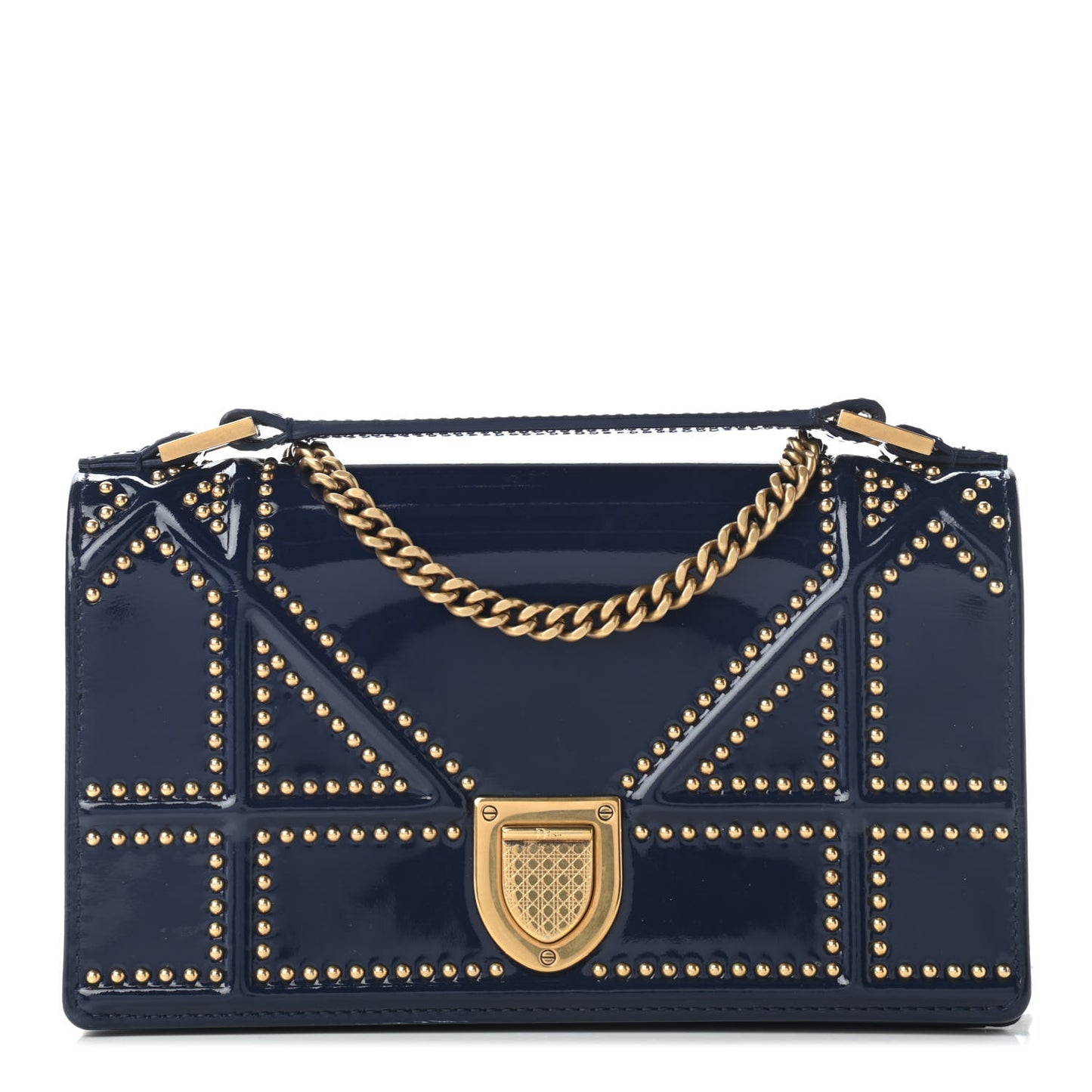 Patent Studded Diorama Top Handle Wallet on Chain Pouch Navy Blue