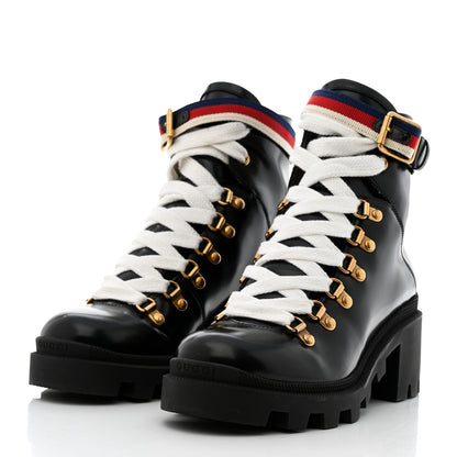 Gucci Calfskin Sylvie Web Womens Lace Up Combat Boots 36 Black 3 of 9
