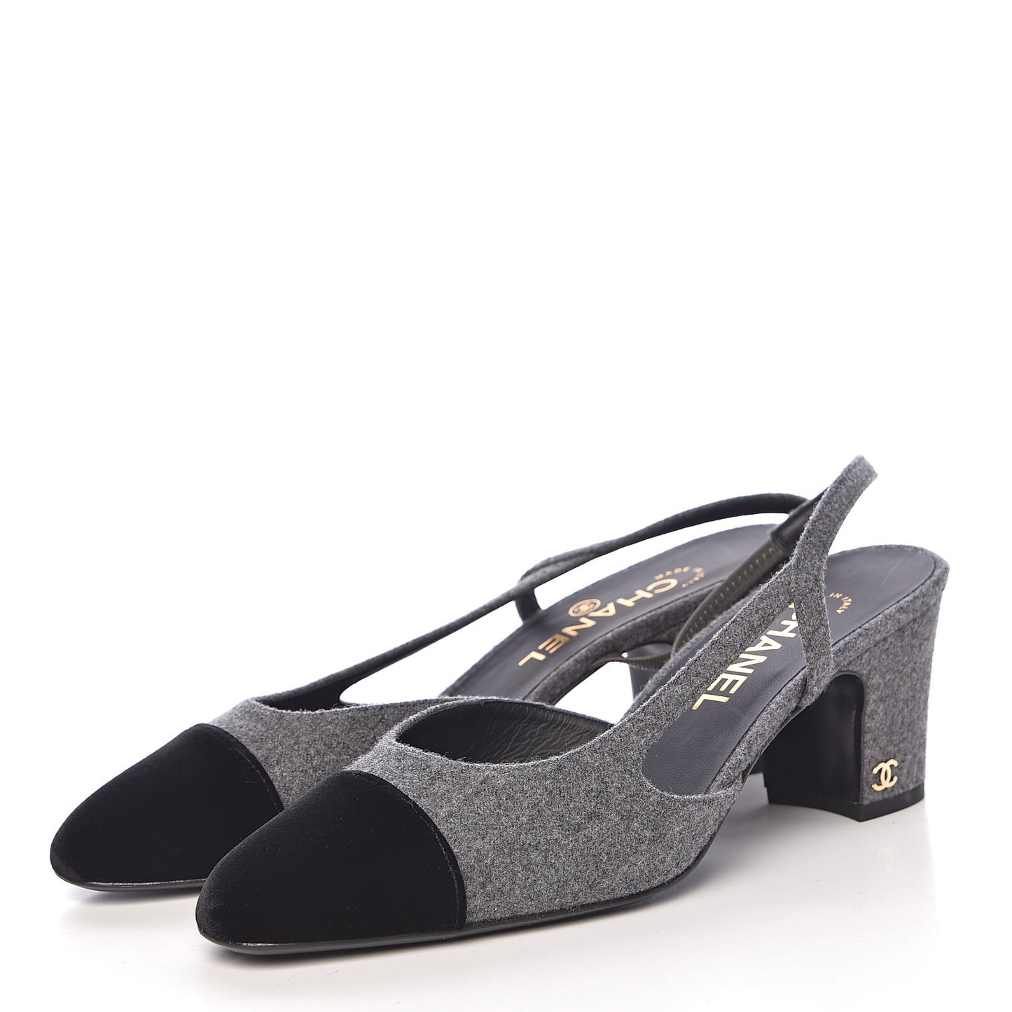 Wool Velvet Cap Toe CC Slingback Pumps 38 Black Grey