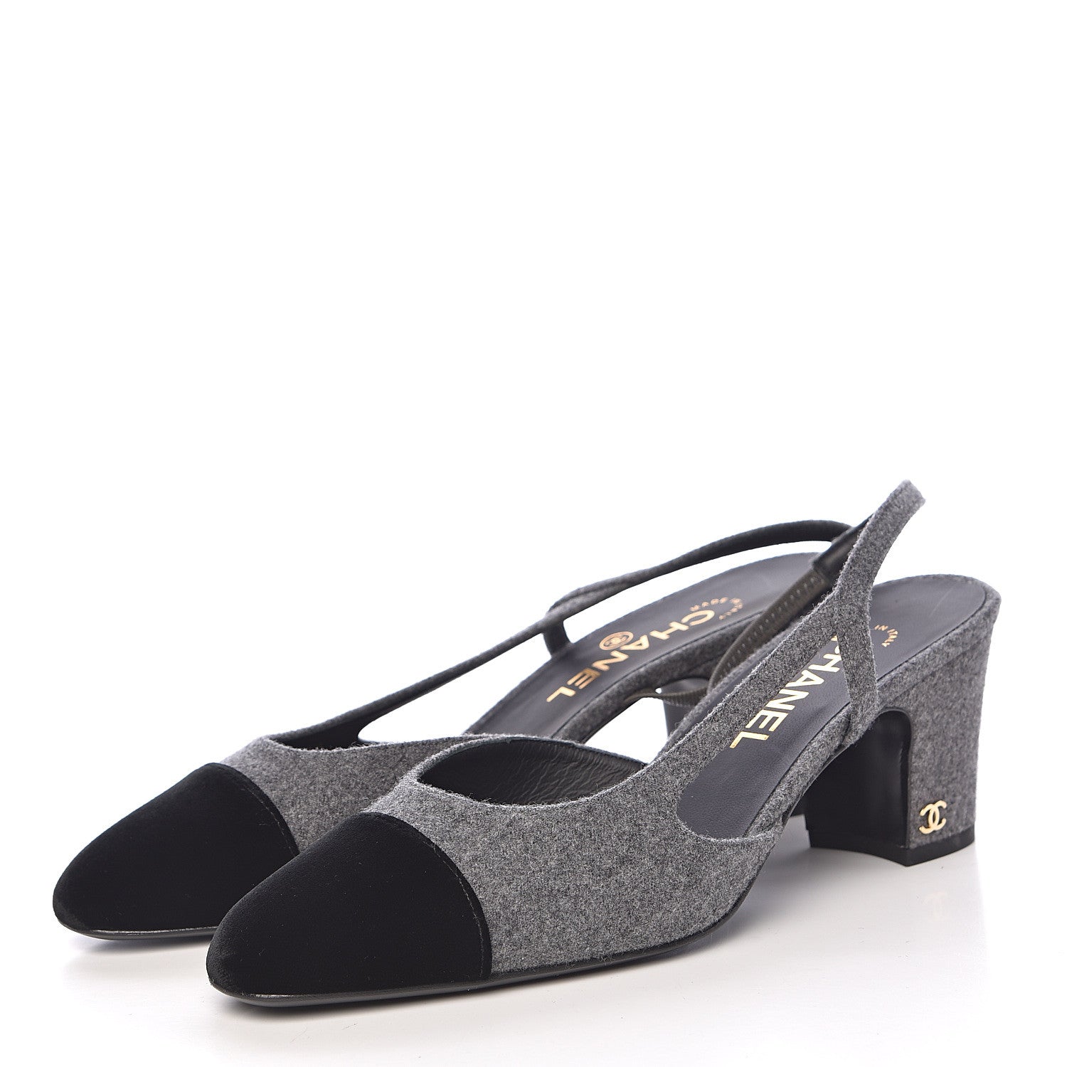 Chanel Wool Velvet Cap Toe CC Slingback Pumps 38 Black Grey 3 of 11