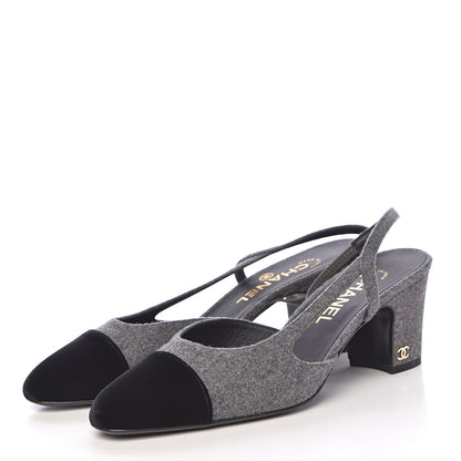 Chanel Wool Velvet Cap Toe CC Slingback Pumps 38 Black Grey 3 of 11