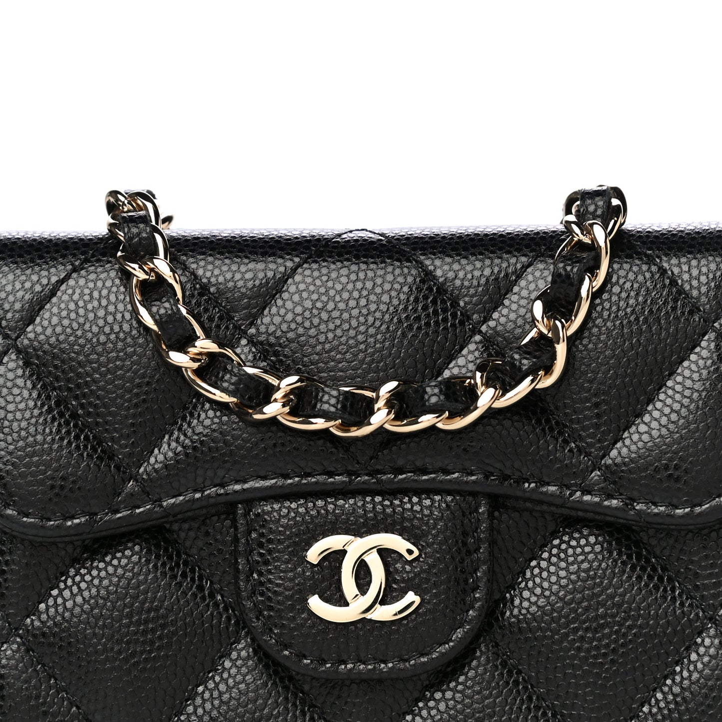 Caviar Quilted Flap Card Holder Chain Wristlet Black