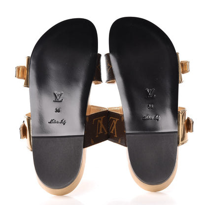 Louis Vuitton Metallic Calfskin Patent Monogram Bom Dia Mule Sandals 36 Gold 5 of 7