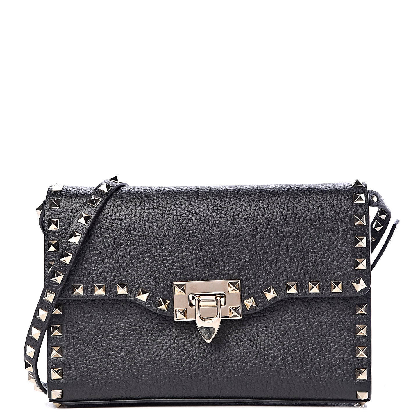 Pebbled Calfskin Medium Rockstud Flip Lock Crossbody Bag Black
