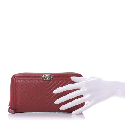 Chanel Lambskin Chevron Quilted Zip Around Boy Wallet Red 2 of 15