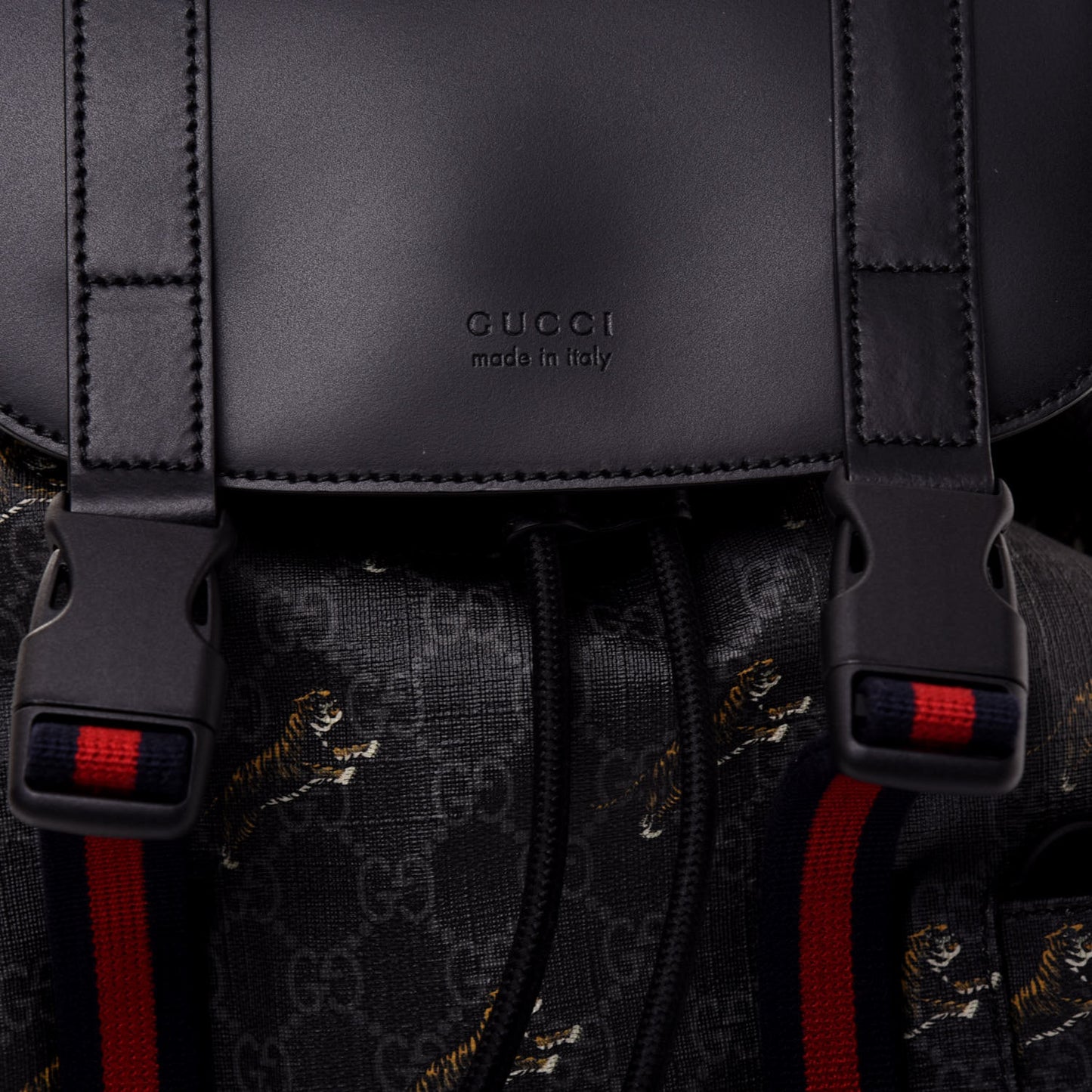 GG Supreme Monogram Tigers Double Buckle Backpack Black Multicolor