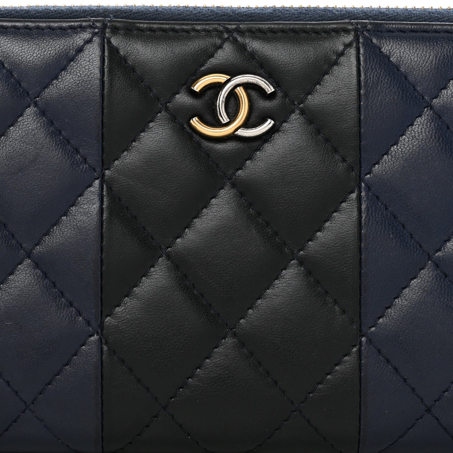 Lambskin Quilted Large Gusset Zip Around Wallet Blue Black