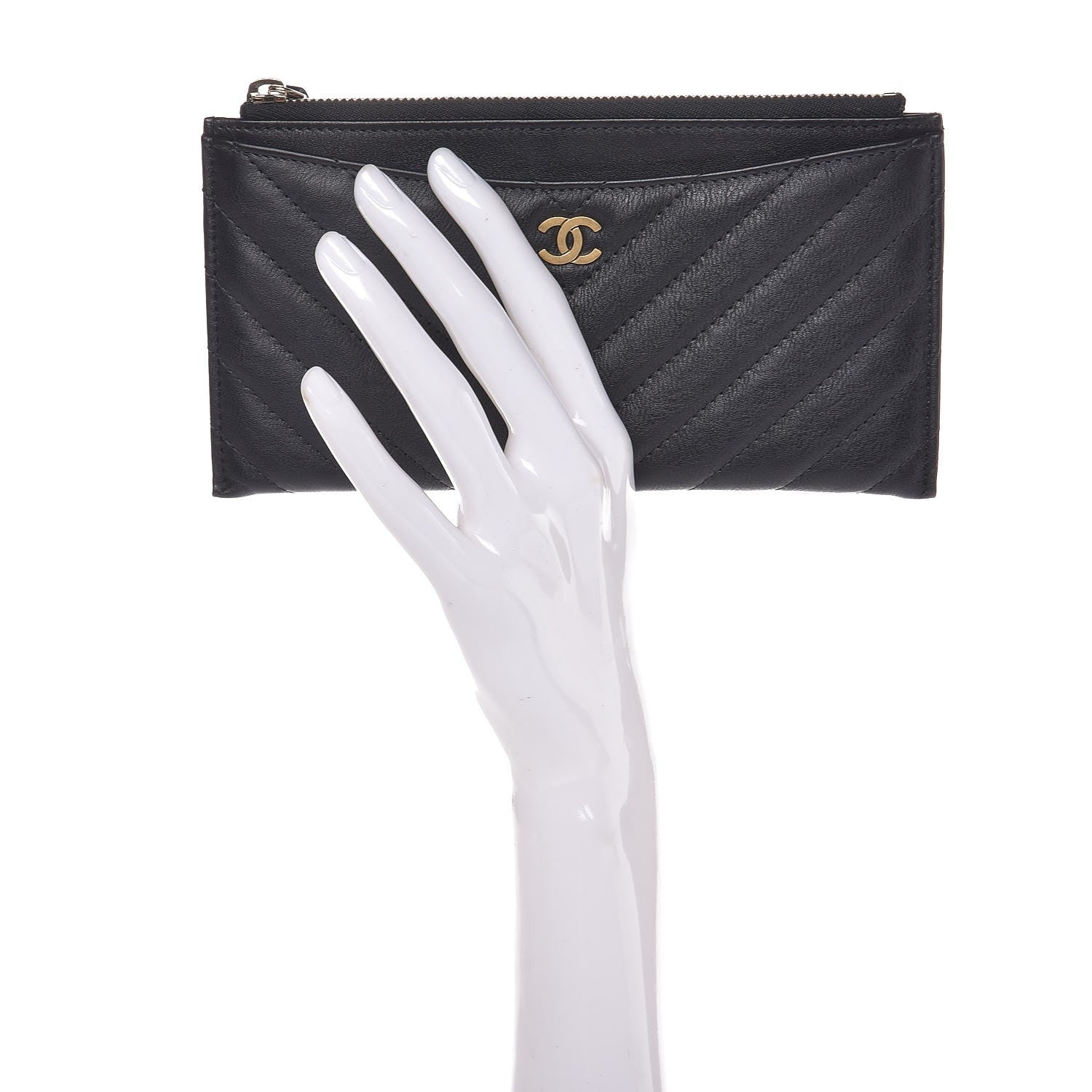 Chanel Calfskin Chevron Quilted Classic Zip Pouch Black 2 of 8