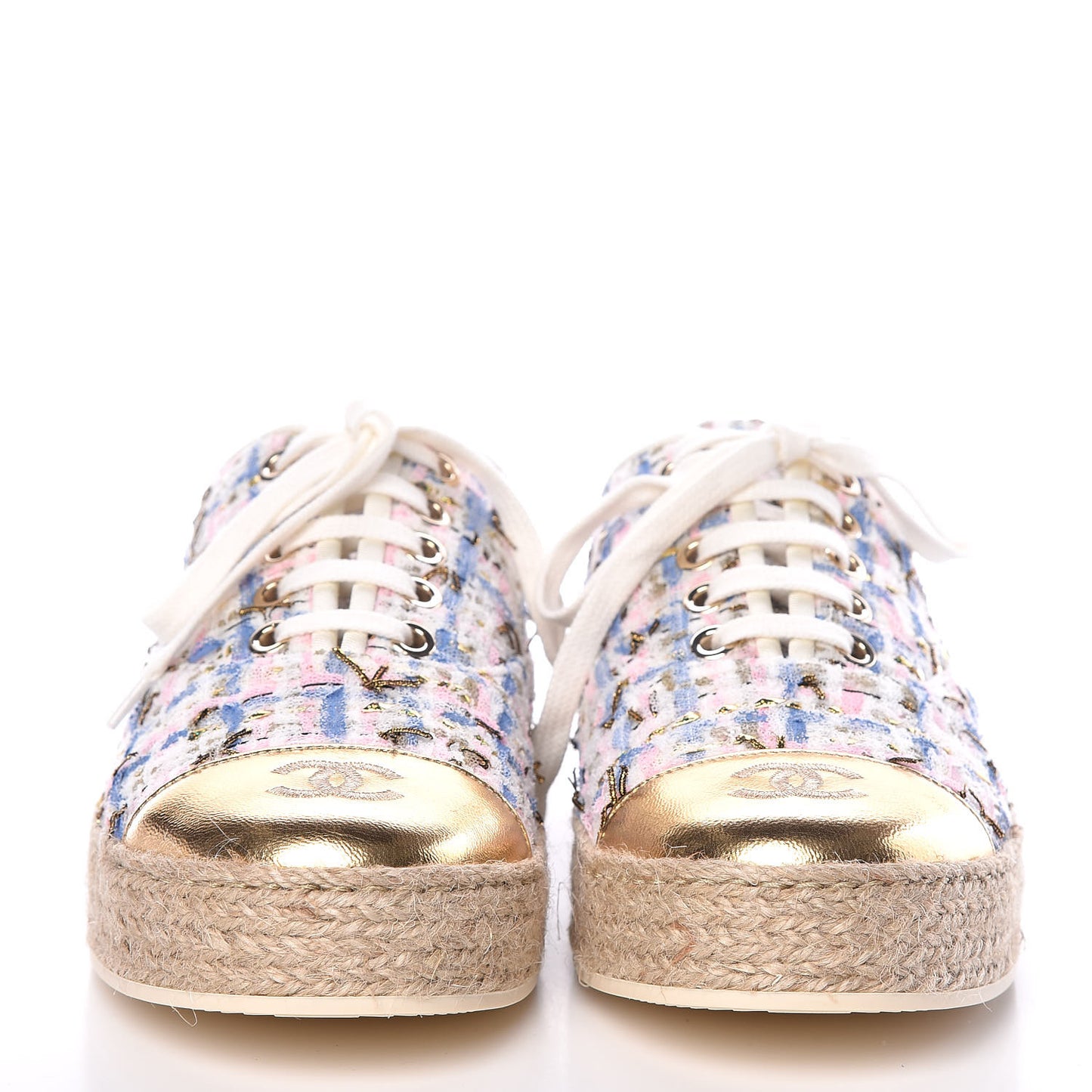 Tweed Laminated Lambskin Lace Up Espadrilles 37 Pink Blue Gold White