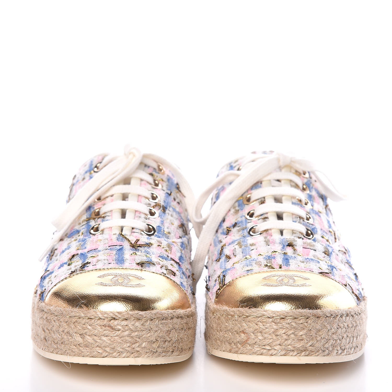 Chanel Tweed Laminated Lambskin Lace Up Espadrilles 37 Pink Blue Gold White 2 of 8