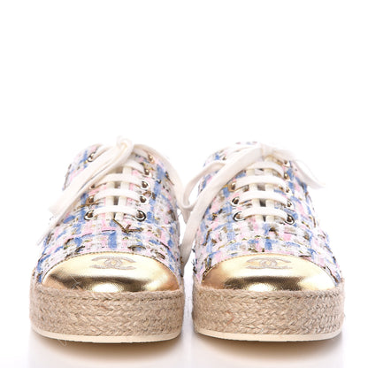 Chanel Tweed Laminated Lambskin Lace Up Espadrilles 37 Pink Blue Gold White 2 of 8