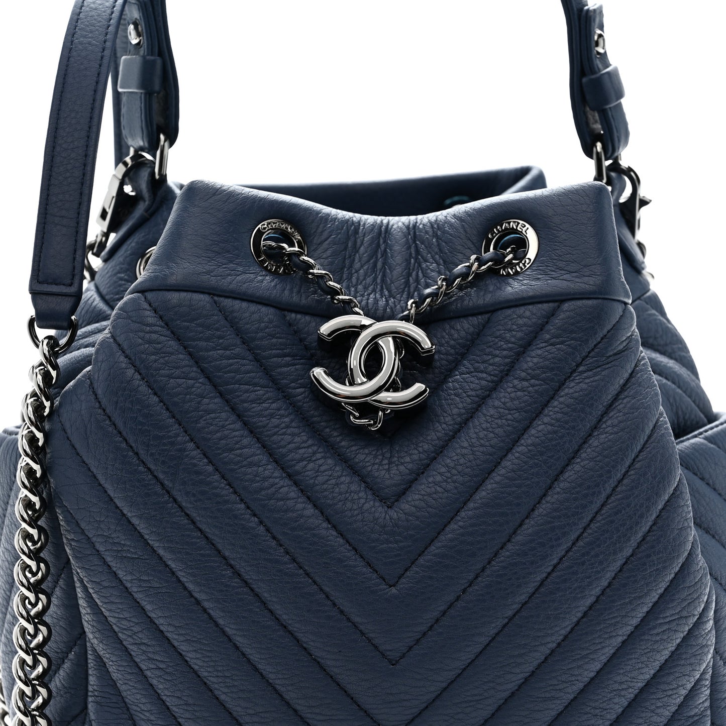 Deerskin Chevron Small CC Chain Bucket Bag Navy Blue