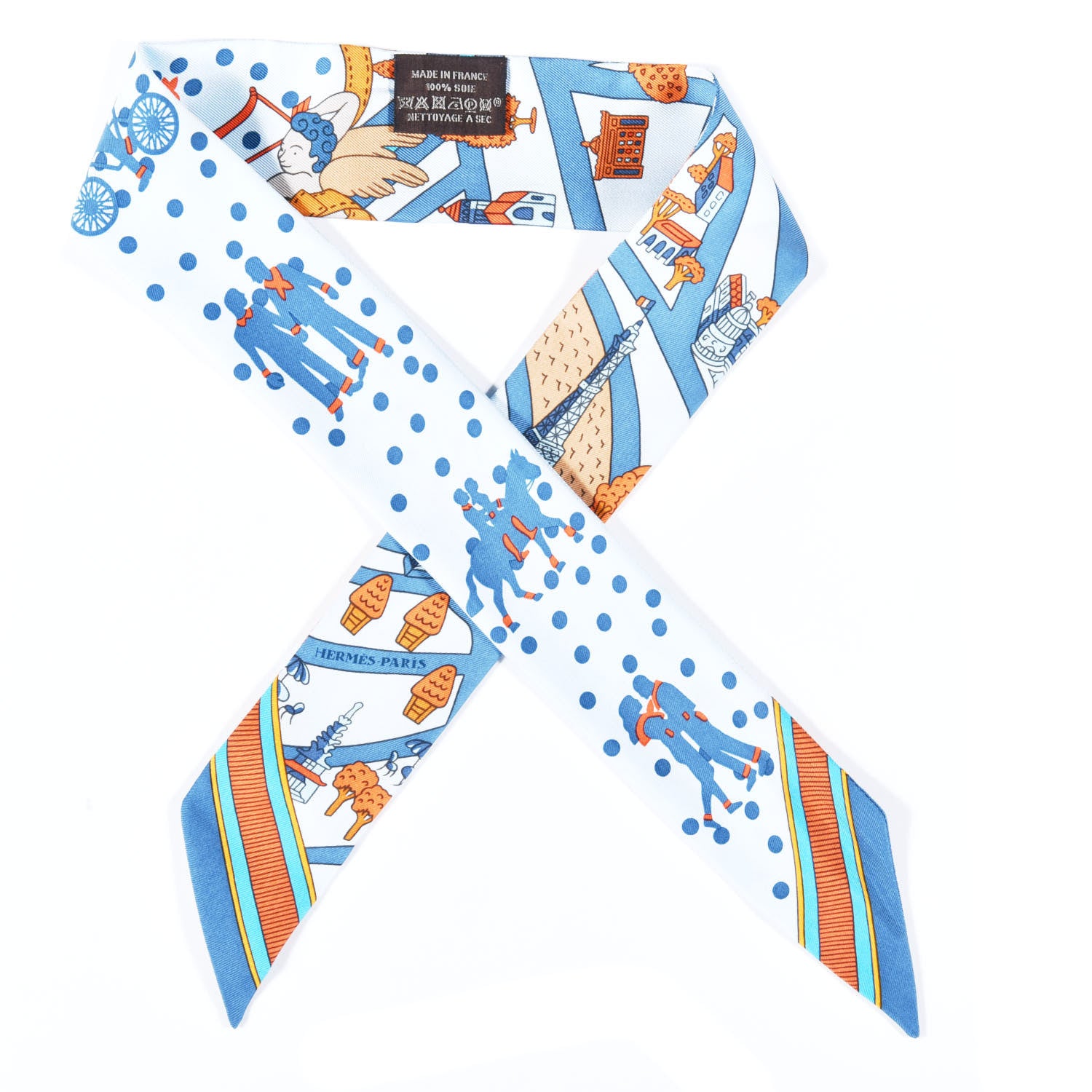 Hermes Silk Les Nouveaux Amoureux de Paris Twilly Ciel Blue Jean Orange 1 of 4
