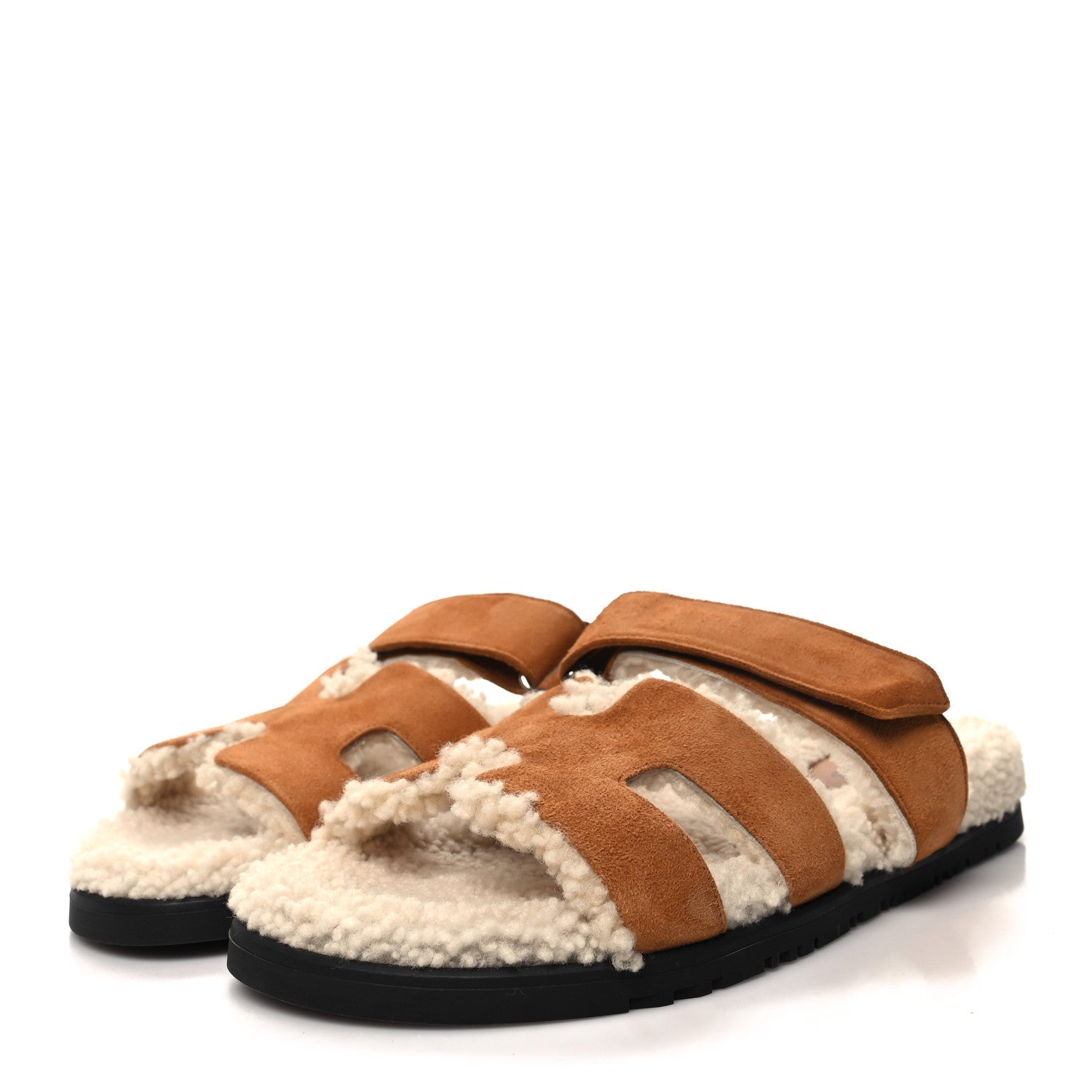 Hermes Suede Goatskin Woolskin Womens Chypre Sandals 39 Brun Fume Ecru 3 of 8