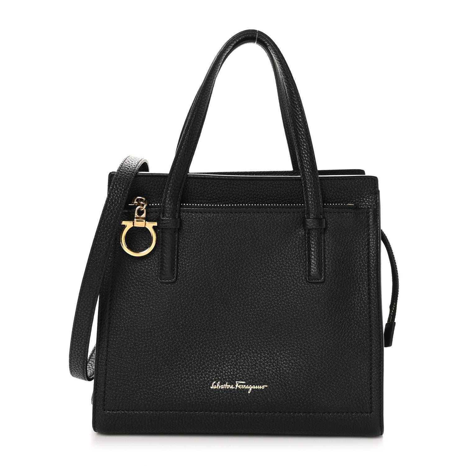 Salvatore Ferragamo Grained Calfskin Double Handle Small Amy Tote Black 1 of 9