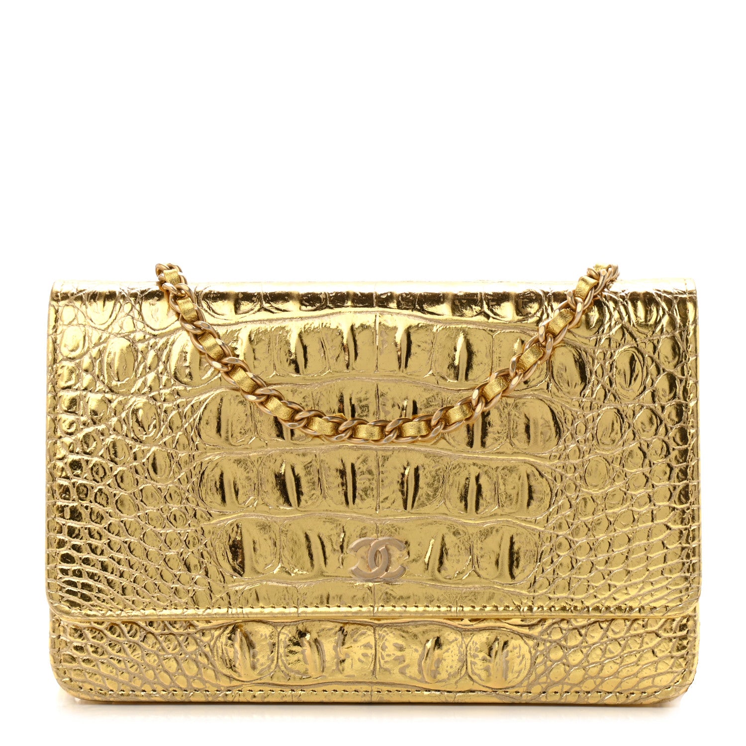 Chanel Metallic Calfskin Crocodile Embossed Cocodile Wallet On Chain WOC Gold 1 of 14