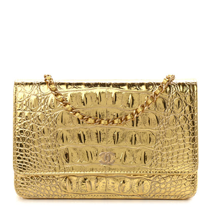 Chanel Metallic Calfskin Crocodile Embossed Cocodile Wallet On Chain WOC Gold 1 of 14