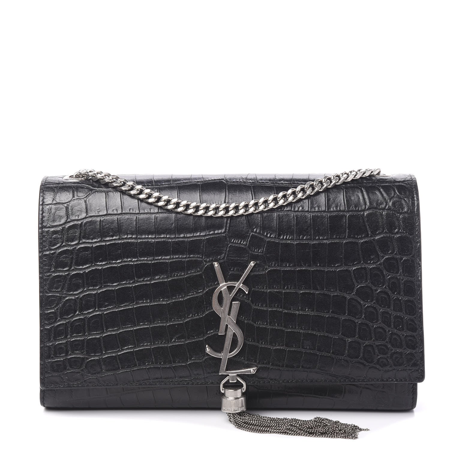 Saint Laurent Calfskin Crocodile Embossed Medium Classic Monogram Kate Tassel Satchel Black 1 of 10
