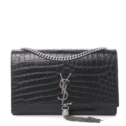 Saint Laurent Calfskin Crocodile Embossed Medium Classic Monogram Kate Tassel Satchel Black 1 of 10