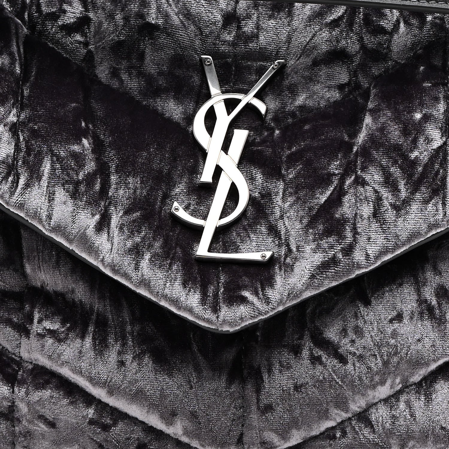 Saint Laurent Crushed Velvet Quilted Small Loulou Puffer Monogram Chain Satchel Iron Grey 9 of 11