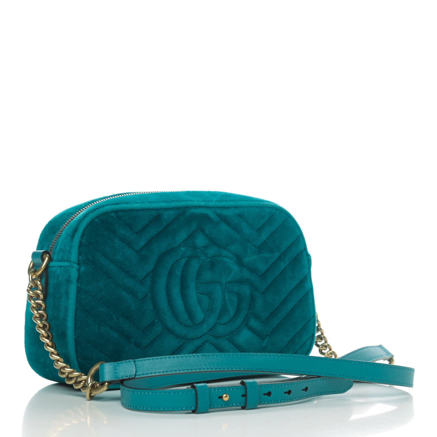 Gucci Velvet Matelasse Small GG Marmont Chain Shoulder Bag Pavone Cyan 2 of 4