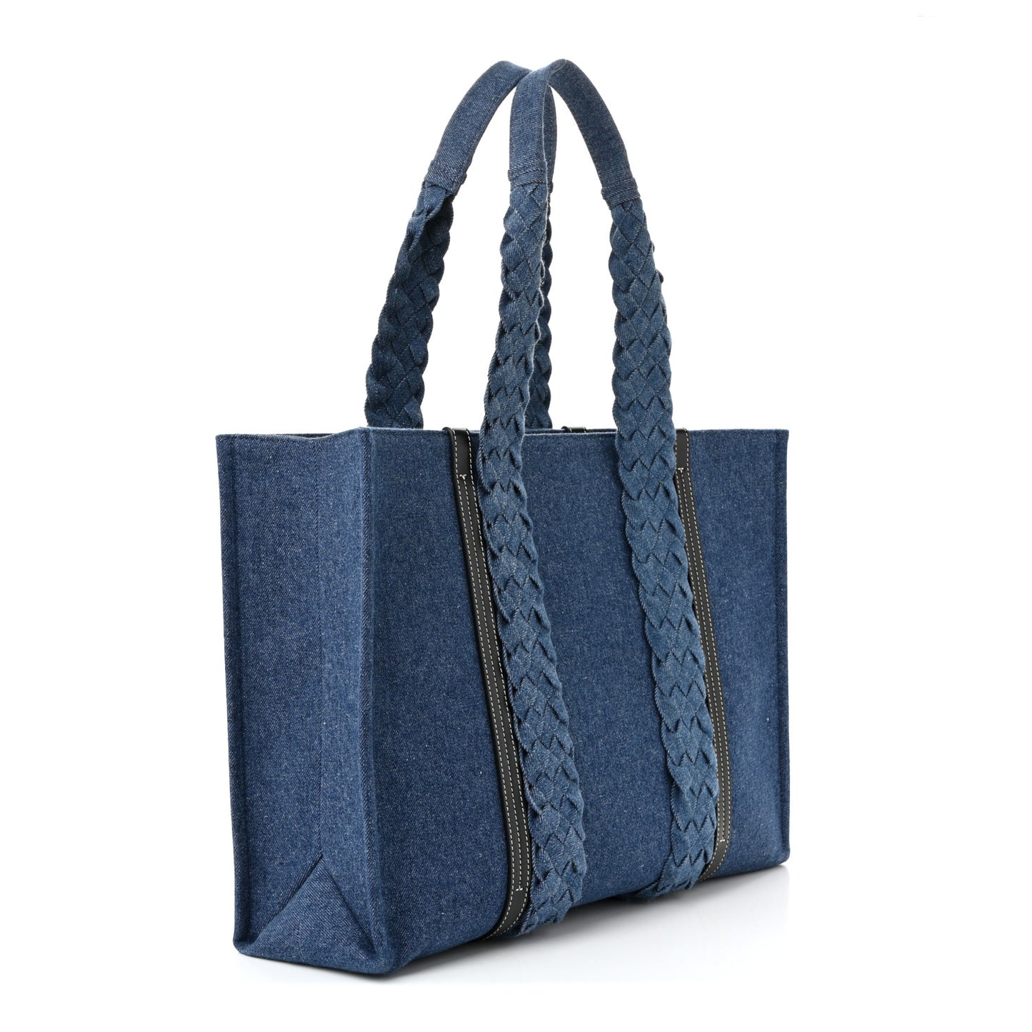 Denim Calfskin Large Braided Woody Ribbon Tote Blue Blue
