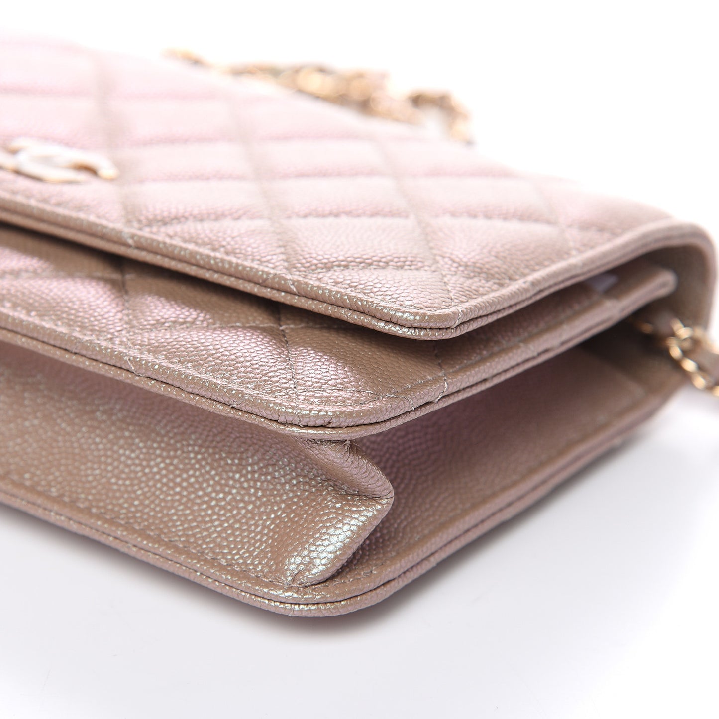 Iridescent Caviar Quilted Wallet On Chain WOC Beige