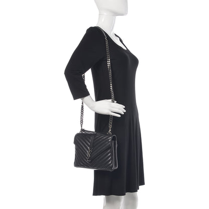 Saint Laurent Sheepskin Matelasse Chevron Monogram Medium College Bag Black 2 of 11
