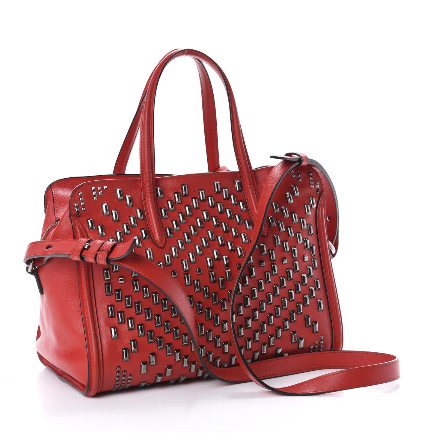 Calfskin Small Studded Padlock Zip Around Tote Red