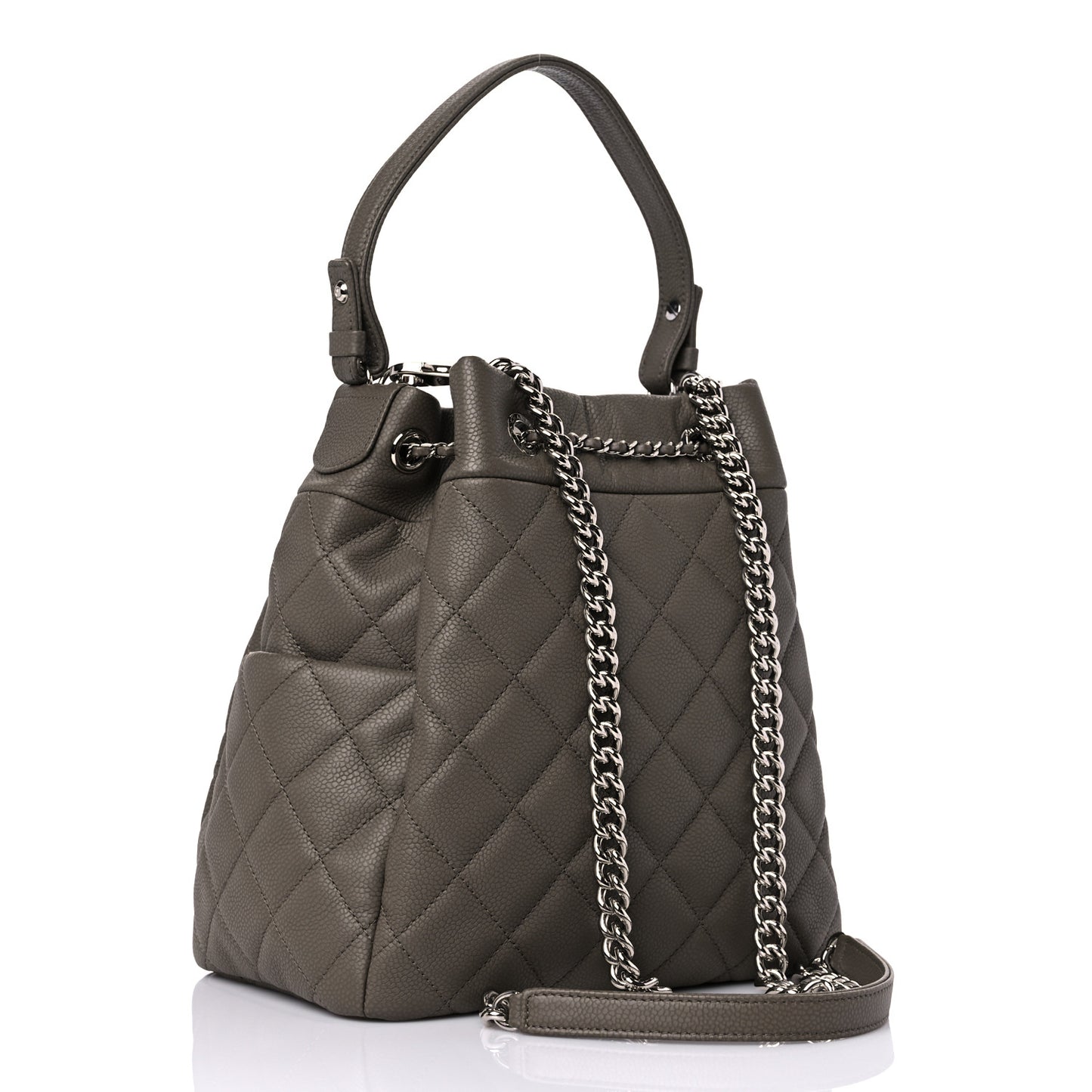 Caviar Flat Quilted CC Chain Bucket Drawstring Bag Khaki