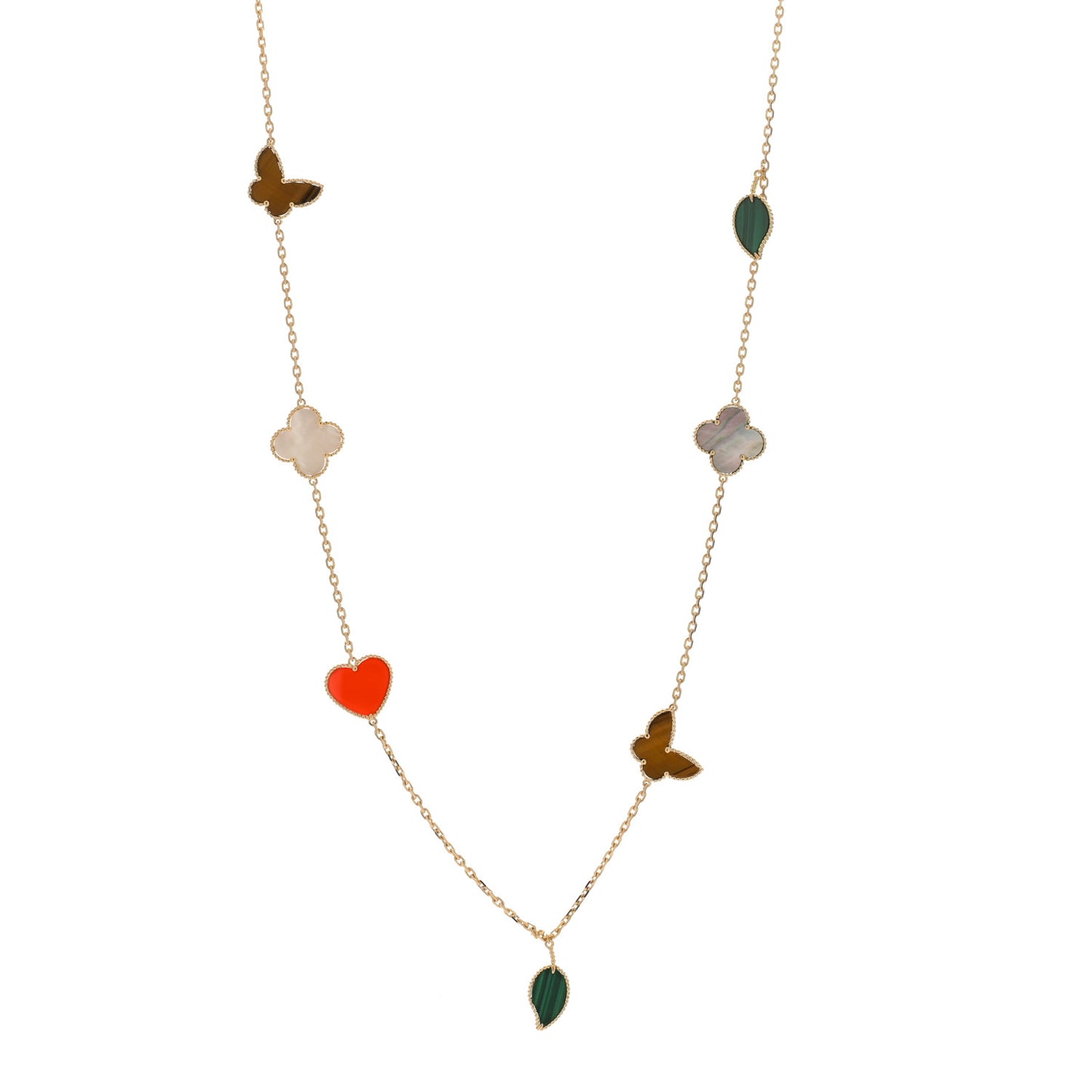 18K Yellow Gold Mother of Pearl Malachite Carnelian Tiger Eye 12 Motif Lucky Alhambra Necklace
