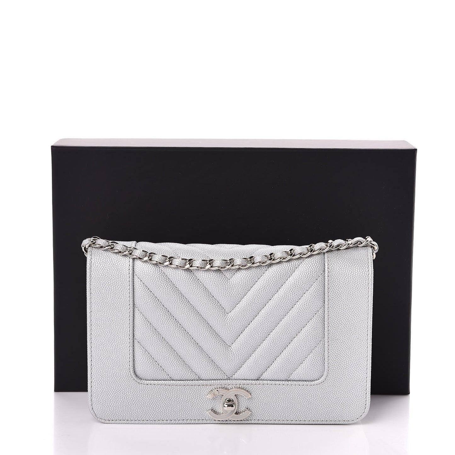 Metallic Caviar Chevron Quilted Vintage Mademoiselle Wallet On Chain WOC Silver