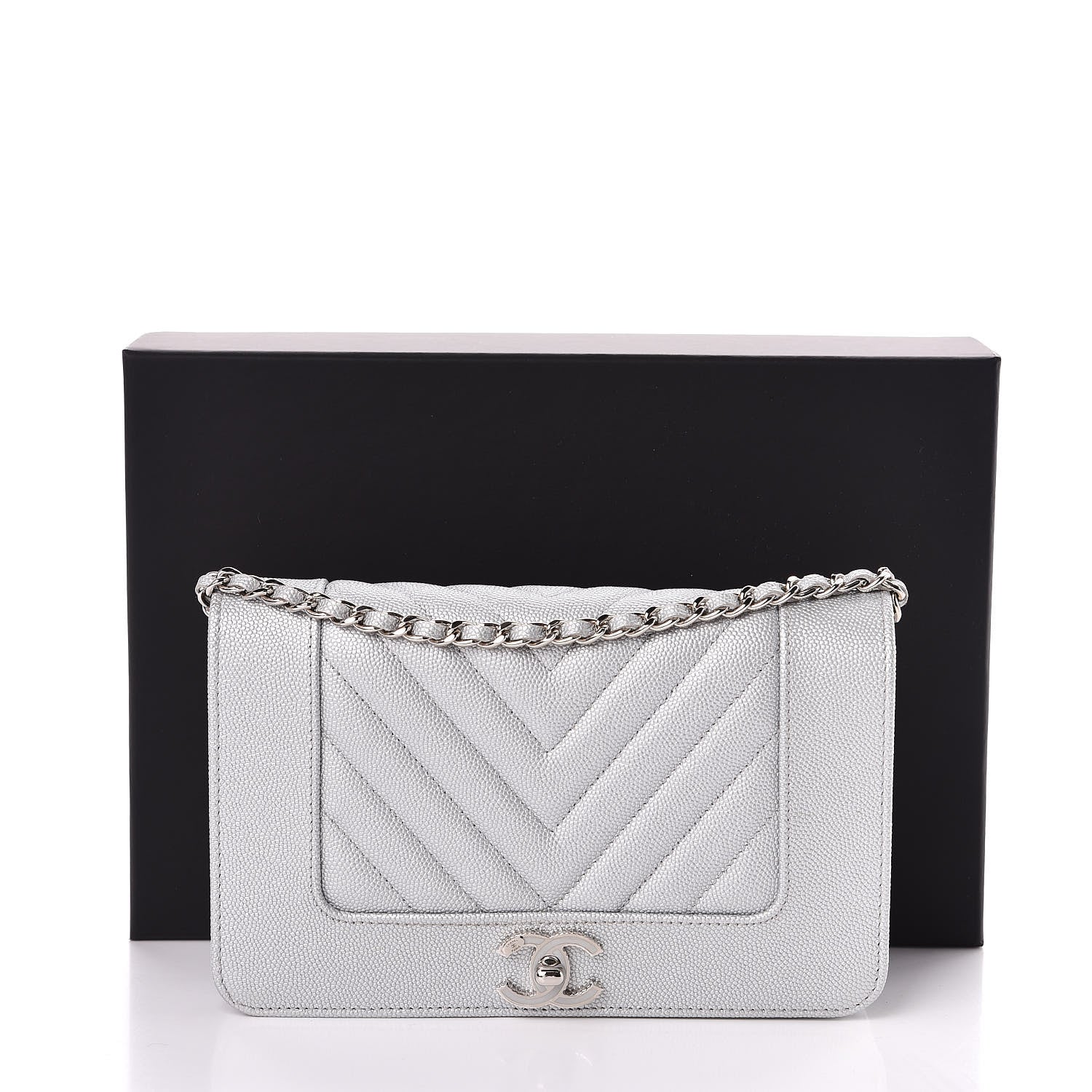 Chanel Metallic Caviar Chevron Quilted Vintage Mademoiselle Wallet On Chain WOC Silver 12 of 12