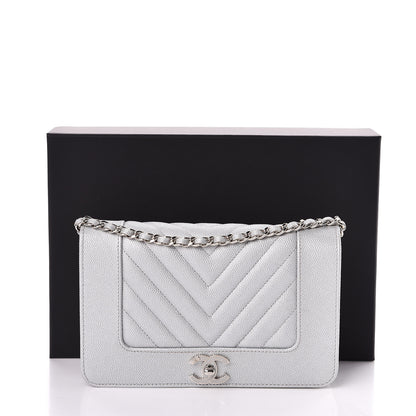 Chanel Metallic Caviar Chevron Quilted Vintage Mademoiselle Wallet On Chain WOC Silver 12 of 12