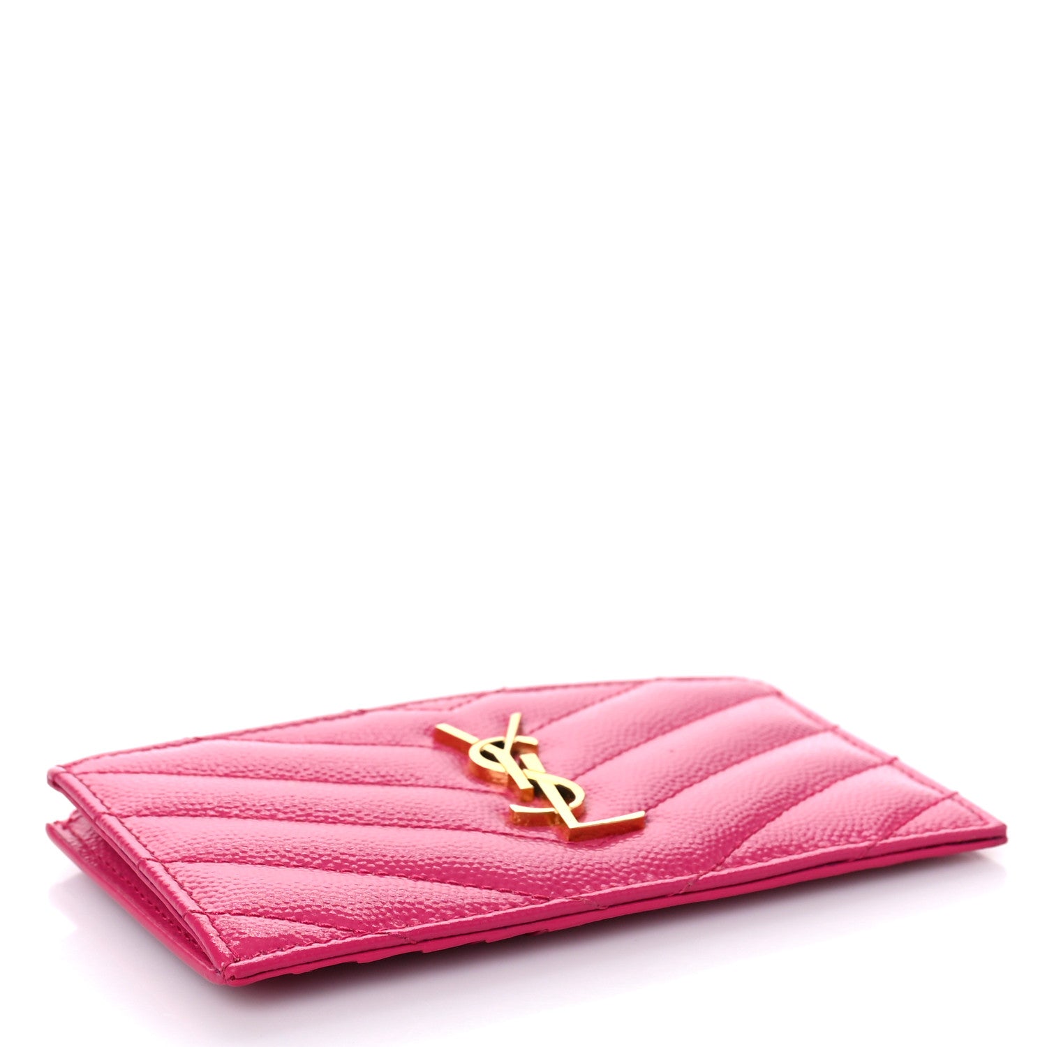 Saint Laurent Grain De Poudre Matelasse Chevron Monogram Fragments Zippered Card Case Fuxia 4 of 9
