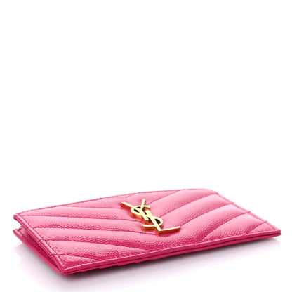 Saint Laurent Grain De Poudre Matelasse Chevron Monogram Fragments Zippered Card Case Fuxia 4 of 9