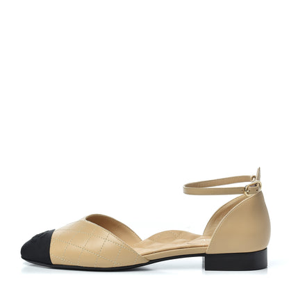 Chanel Lambskin Grosgrain Cap Toe CC Ankle Strap Sandals 39.5 Beige Black 1 of 9