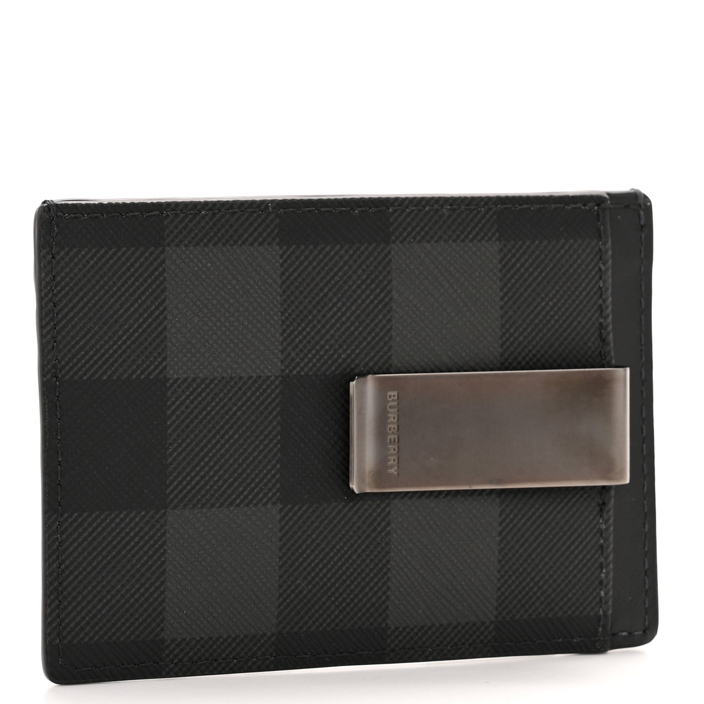 Coated Canvas Calfskin Check Money Clip Card Case Charcoal