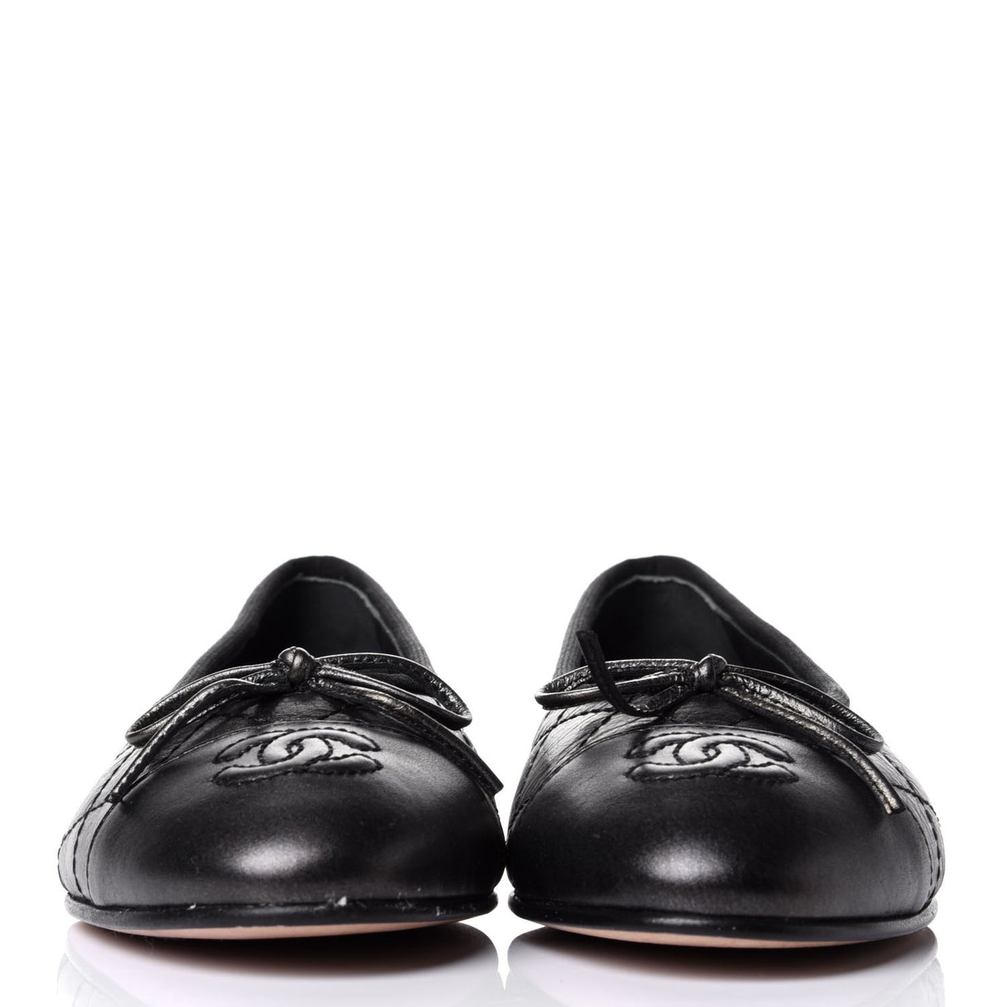 Metallic Aged Calfskin Quilted CC Cap Toe Ballerina Flats 36.5 Dark Silver