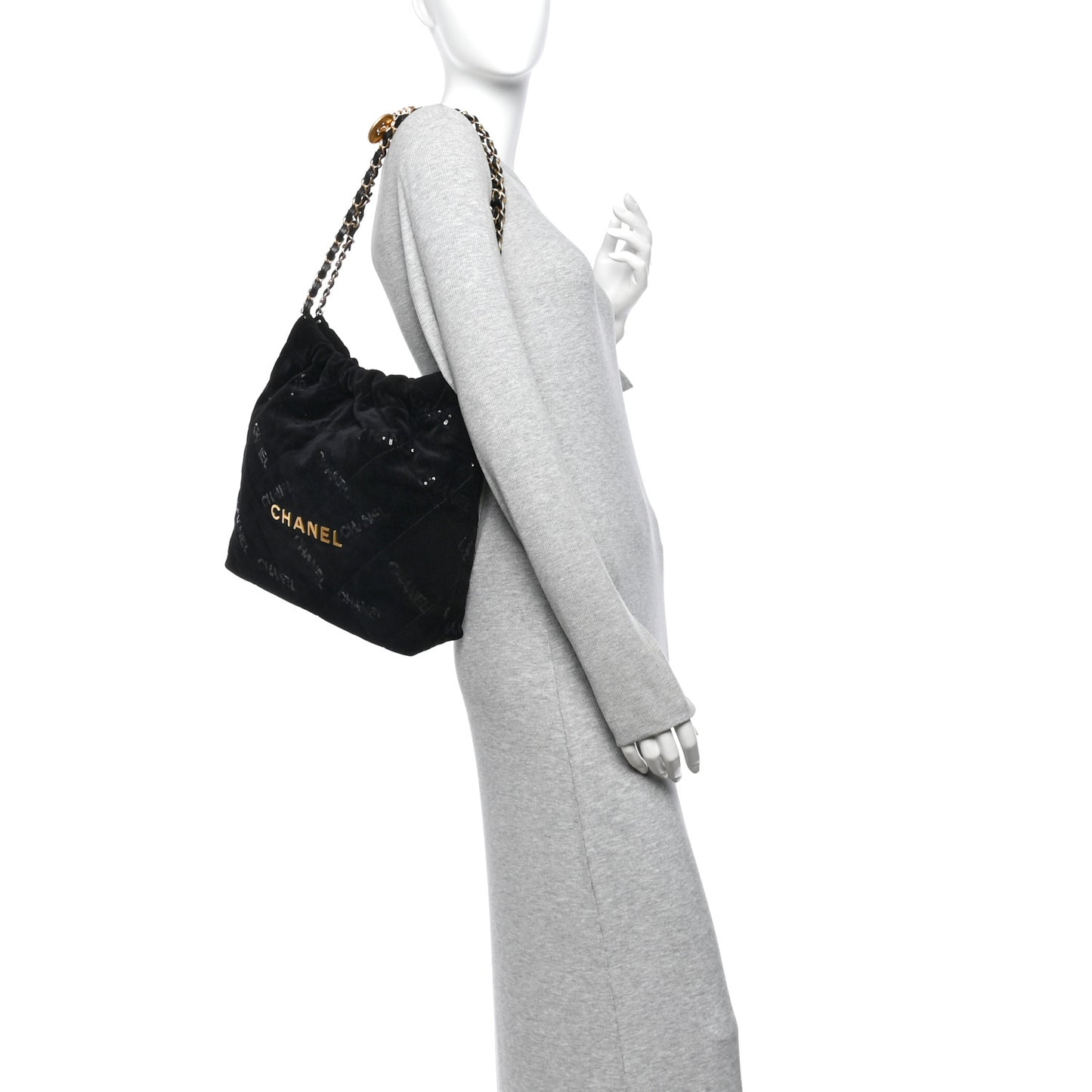 Velvet Sequin Quilted Small Chanel 22 Black