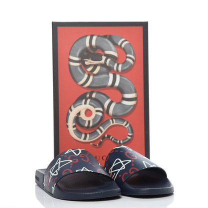 Gucci Calfskin GucciGhost Print Womens Slide Sandals 39 Blue Agata Hibiscus Red 8 of 8