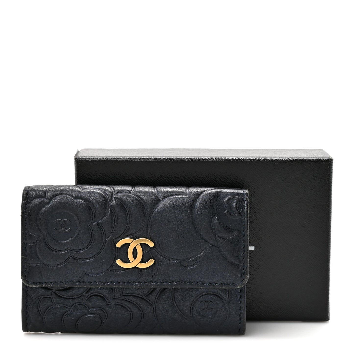Lambskin Camellia Embossed Flap Card Holder Navy