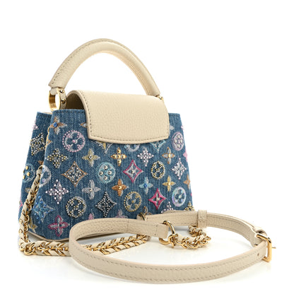 Louis Vuitton Denim Lurex Beaded Calfskin Capucines Mini Blue Cream 3 of 9