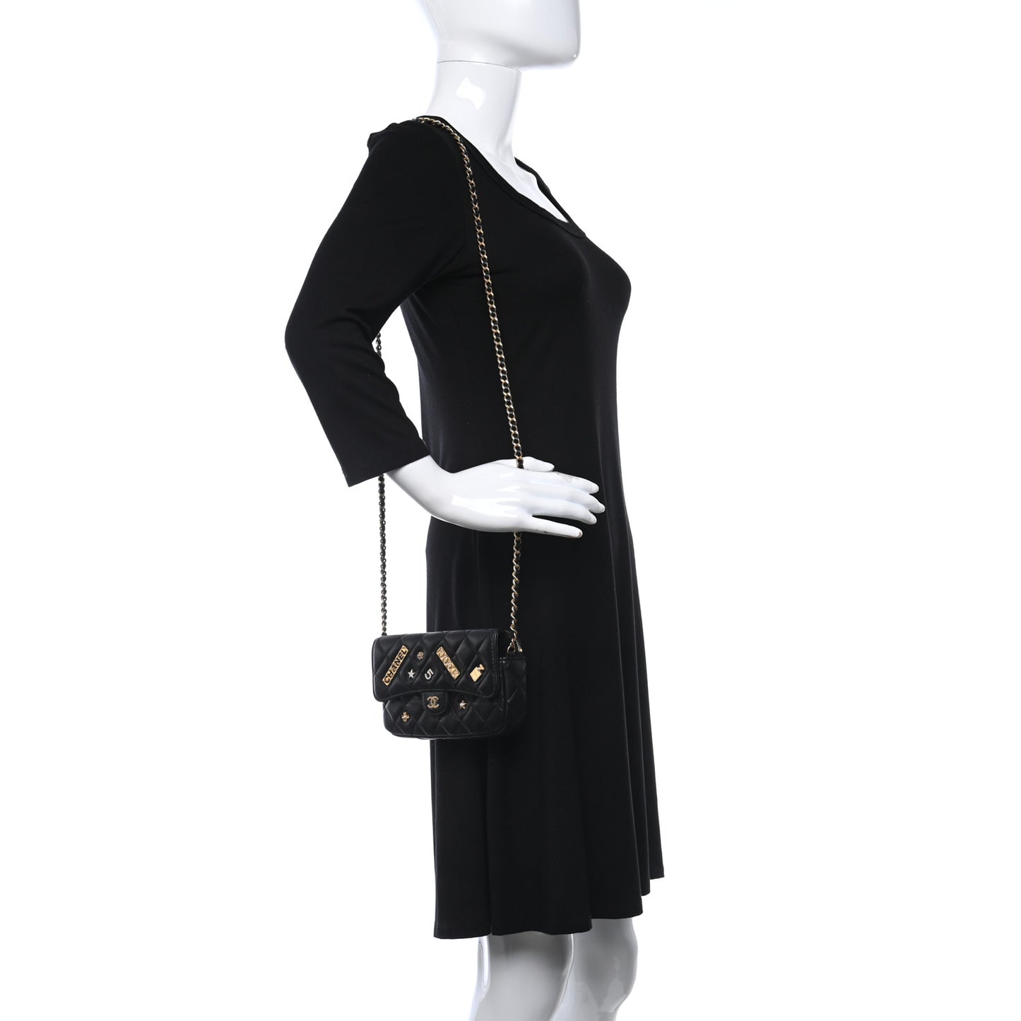 Lambskin Quilted Charm Flap Phone Holder With Chain Black