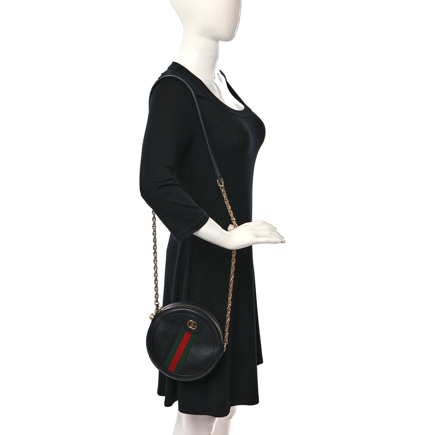 Grained Calfskin Web Mini Ophidia Round Shoulder Bag Black