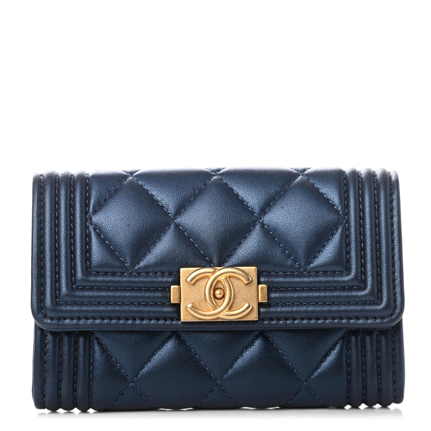 Metallic Lambskin Quilted Boy Flap Card Holder Blue