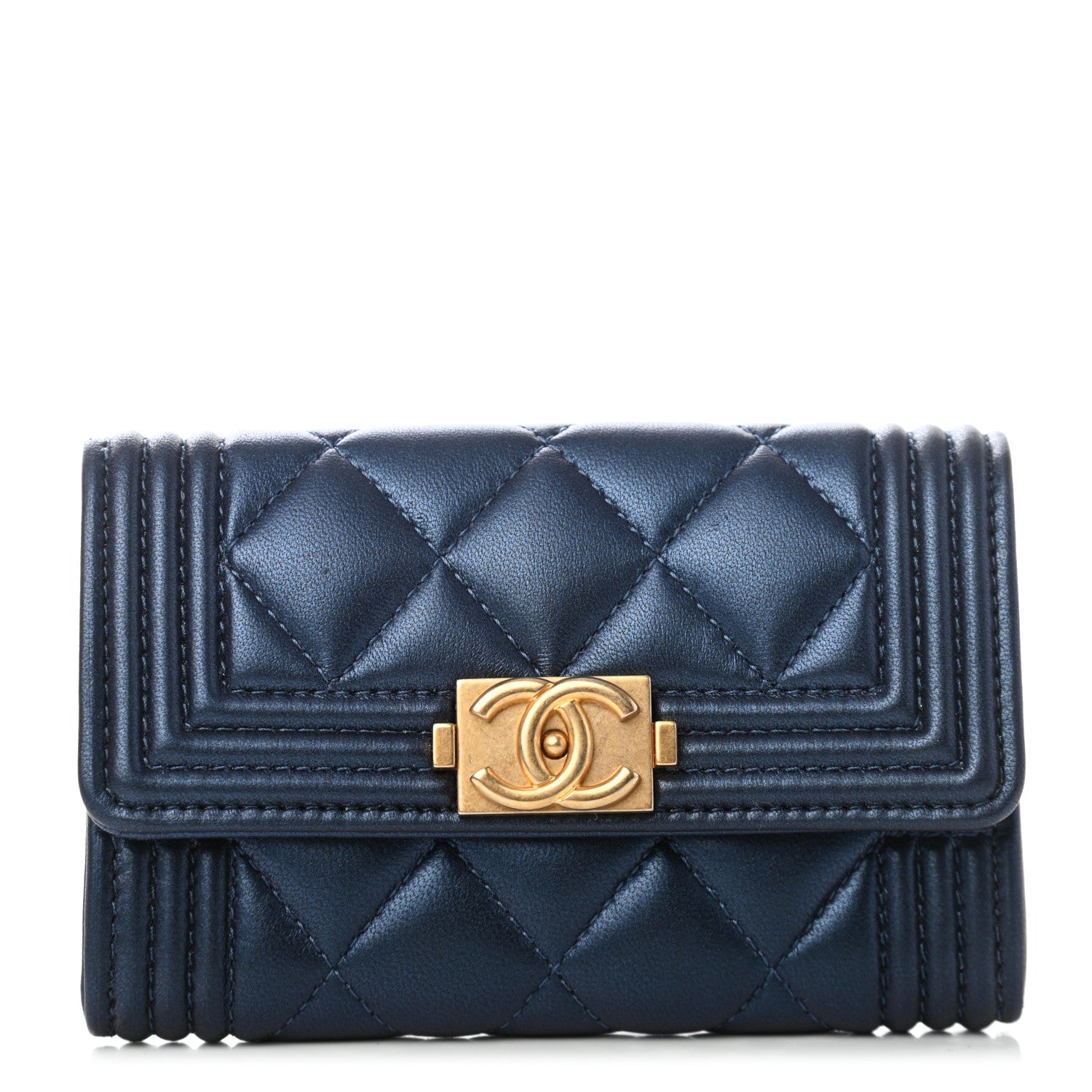 Chanel Metallic Lambskin Quilted Boy Flap Card Holder Blue 1 of 4