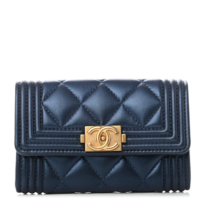 Chanel Metallic Lambskin Quilted Boy Flap Card Holder Blue 1 of 4
