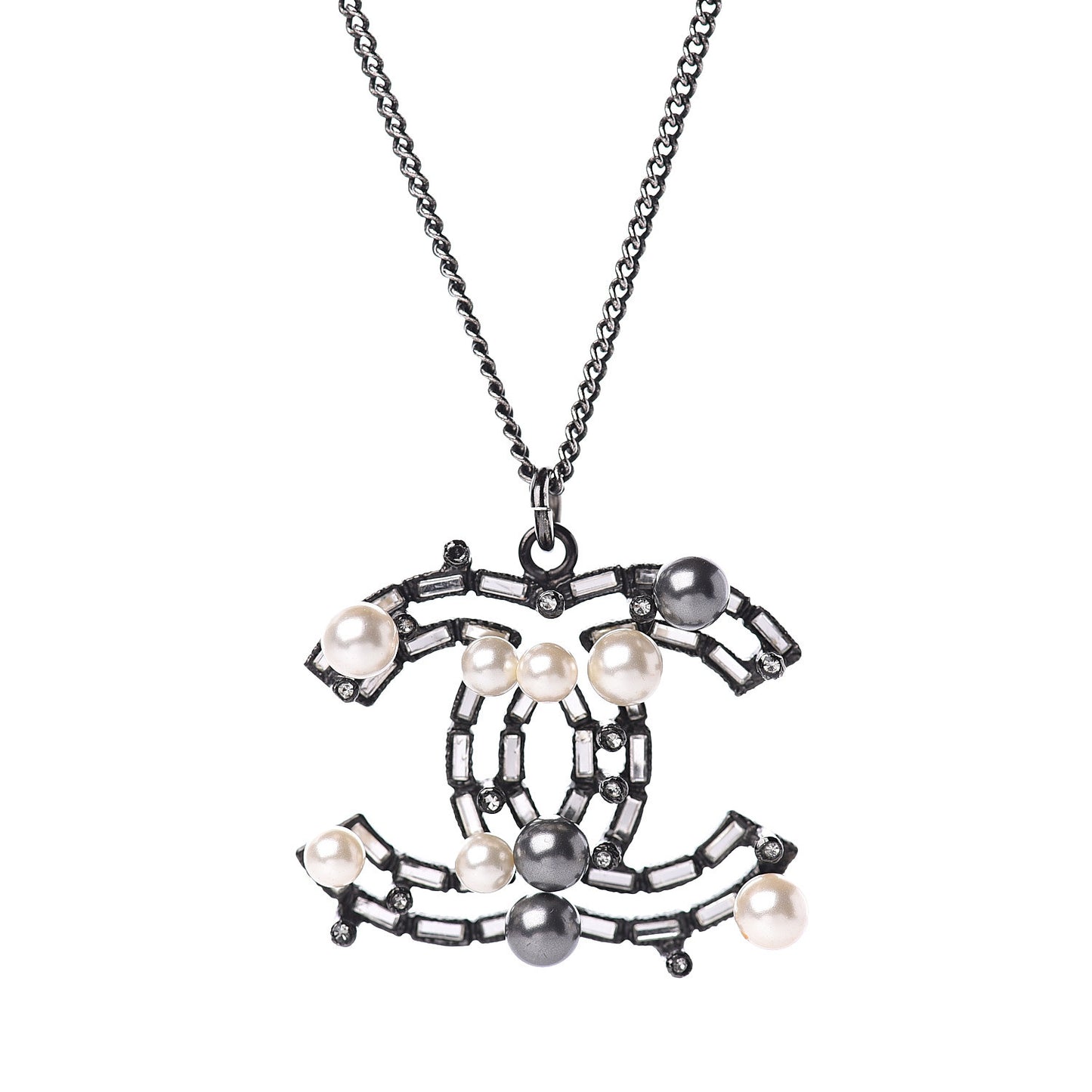 Pearl Crystal Beaded CC Necklace Silver