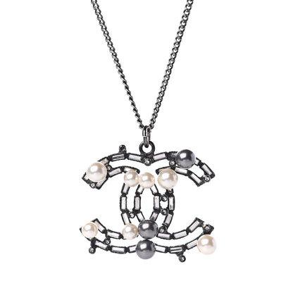 Chanel Pearl Crystal Beaded CC Necklace Silver 3 of 5